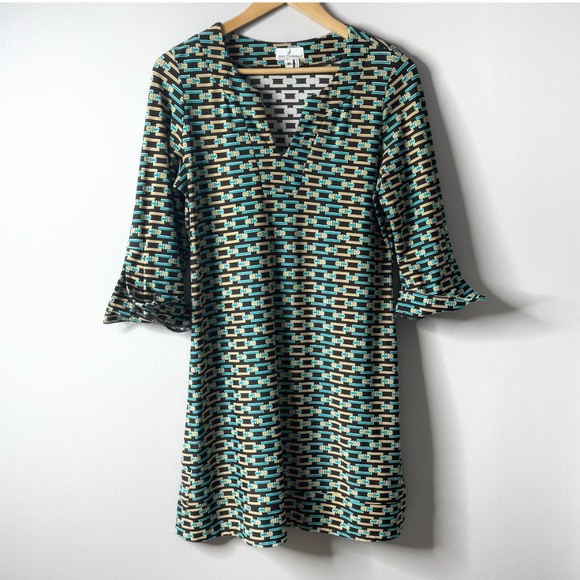 Jude Connally Dress Chain Link Print Geo Brown Blue Catalina Shift Dress Medium - Picture 1 of 15